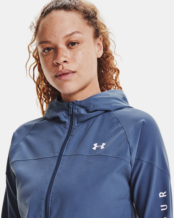Women's UA Woven Branded Full Zip Hoodie in Blue image number 3